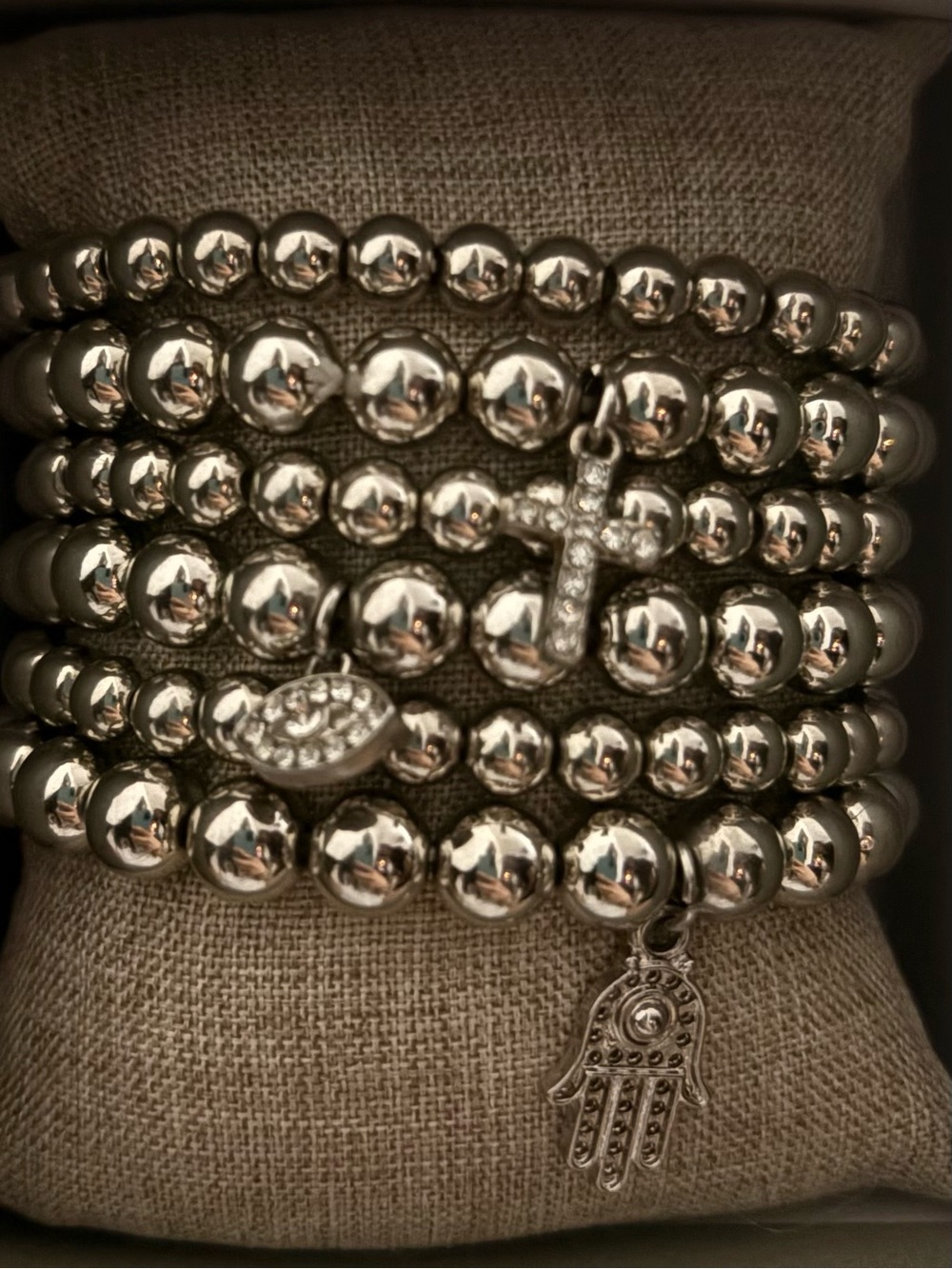 Silver Plated Beaded Stretch Bracelet Set with Cross, Eye & Hamsa Charms - Used